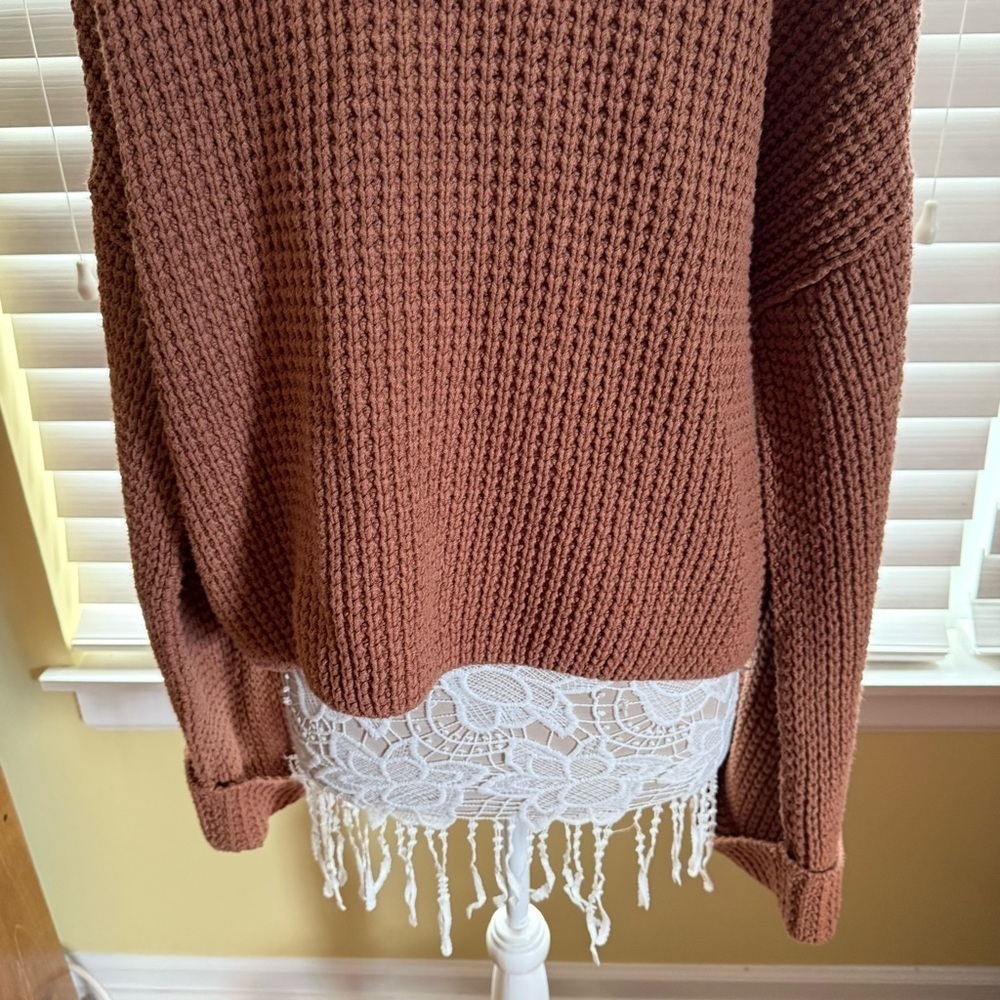 Free People Pullover Waffle knit sweater Oversized Orange Brown Distressed L - Picture 7 of 15